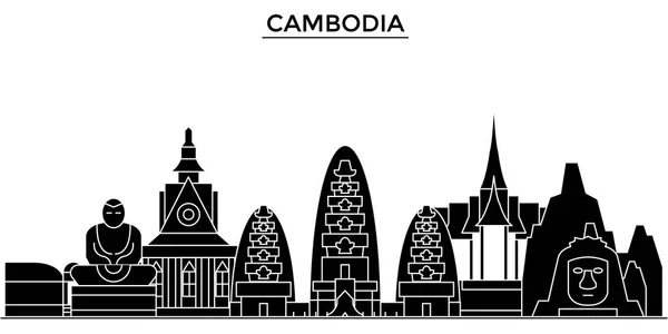 Архитектурный векторный горизонт Камбоджи, городской пейзаж с достопримечательностями, здания, изолированные достопримечательности на заднем плане — стоковый вектор