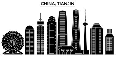Çin, Tianjin mimari vektör şehir manzarası, seyahat yerler, binalar, arka plan üzerinde izole manzaraları ile cityscape