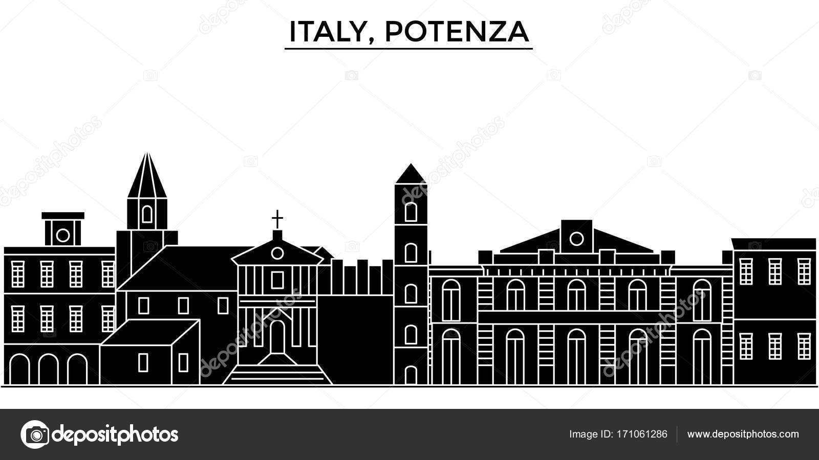 イタリア、ポテンザ建築ベクトル街並み、黒都市の景観、ランドマークと分離された背景の観光スポット \u2014 ベクターiconsgraph