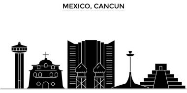 Meksika, Cancun mimari vektör şehir manzarası, seyahat yerler, binalar, arka plan üzerinde izole manzaraları ile cityscape