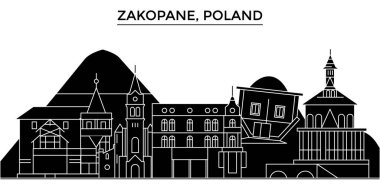 Polonya, Zakopane mimari vektör şehir manzarası, seyahat yerler, binalar, arka plan üzerinde izole manzaraları ile cityscape