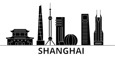 Mimari vektör şehir manzarası shanghai, cityscape yerler, binalar, arka plan üzerinde izole manzaraları ile seyahat