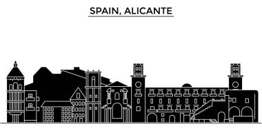 İspanya, Alicante mimari vektör şehir manzarası, seyahat yerler, binalar, arka plan üzerinde izole manzaraları ile cityscape