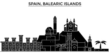İspanya, Balearis Adaları mimari vektör şehir manzarası, seyahat yerler, binalar, arka plan üzerinde izole manzaraları ile cityscape