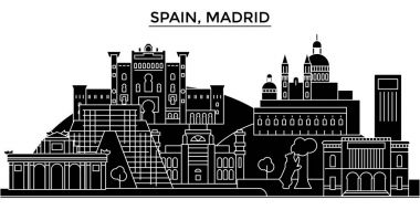 İspanya, Madrid mimari vektör şehir manzarası, seyahat yerler, binalar, arka plan üzerinde izole manzaraları ile cityscape