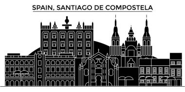 İspanya, Santiago De Compostela mimari vektör şehir manzarası, seyahat yerler, binalar, arka plan üzerinde izole manzaraları ile cityscape