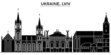 Ukrayna, Lviv mimari vektör şehir manzarası, seyahat yerler, binalar, arka plan üzerinde izole manzaraları ile cityscape