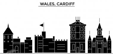 Galler, Cardiff mimari vektör şehir manzarası, cityscape yerler, binalar, arka plan üzerinde izole manzaraları ile seyahat