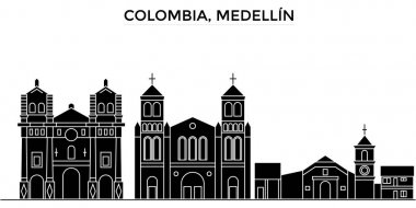Kolombiya, Medellin mimari vektör şehir manzarası, tarihi yerler ile siyah cityscape manzaraları arka plan üzerinde izole