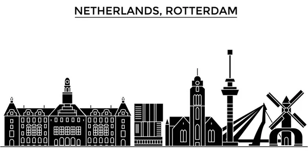 Países Bajos, Rotterdam arquitectura vector horizonte de la ciudad, paisaje urbano de viajes con monumentos, edificios, vistas aisladas en el fondo — Archivo Imágenes Vectoriales