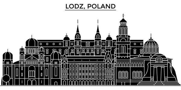 Pologne, Lodz architecture vecteur ville skyline, voyage paysage urbain avec des points de repère, bâtiments, sites isolés sur fond — Image vectorielle