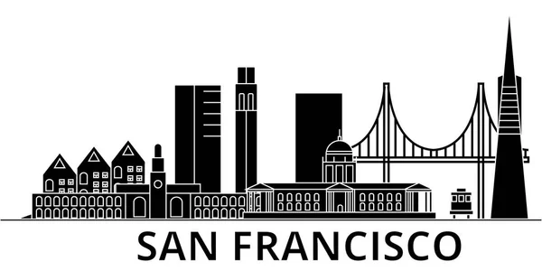 San Francisco Architektur Vektor Stadtsilhouette, Reise Stadtbild mit Sehenswürdigkeiten, Gebäuden, isolierten Sehenswürdigkeiten im Hintergrund — Stockvektor