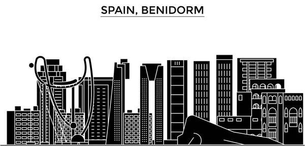 Espanha, Benidorm arquitetura vetor cidade horizonte, paisagem urbana de viagem com marcos, edifícios, vistas isoladas sobre o fundo — Vetor de Stock