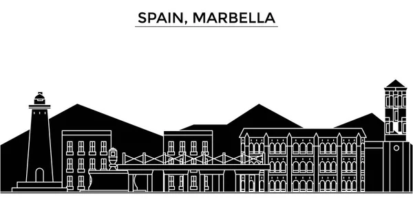 Ισπανία, Marbella αρχιτεκτονική διάνυσμα ορίζοντα της πόλης, ταξίδια αστικό τοπίο με ορόσημα, κτίρια, απομονωμένες αξιοθέατα σε φόντο — Διανυσματικό Αρχείο