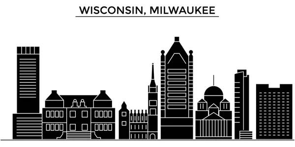 EE.UU., Wisconsin, Milwaukee City arquitectura vector ciudad horizonte, paisaje urbano de viajes con monumentos, edificios, vistas aisladas en el fondo — Vector de stock