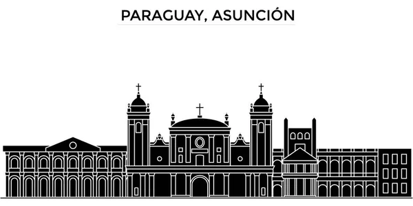 Paraguay, Asunción arquitectura vector ciudad horizonte, paisaje urbano negro con hitos, vistas aisladas en el fondo — Vector de stock