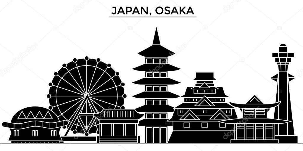 Japan, Osaka architecture vector city skyline, travel cityscape with landmarks, buildings, isolated sights on background