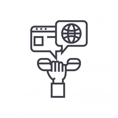 sohbet kavramı vektör ince çizgi simgesi, sembol, işaret, illüstrasyon izole arka plan üzerinde kişinin telefonu elinde