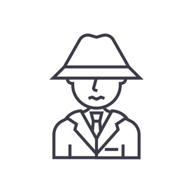 Dedektif, casus, şapka kavramı vektör ince çizgi simge, sembol, işaret, illüstrasyon izole arka plan üzerinde olan adam