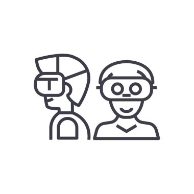 insanlar sanal gerçeklik kulaklık konsepti ile vektör ince çizgi simge, sembol, işaret, illüstrasyon izole arka plan üzerinde