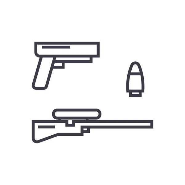 Jeu de tir, pistolet, fusil, concept de balle vecteur mince ligne icône, symbole, signe, illustration sur fond isolé — Image vectorielle