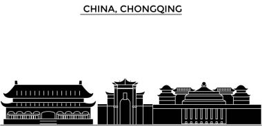 Çin, Chongqing mimari kent manzarası ile yerler, cityscape, binalar, evler, vektör şehir manzarası, düzenlenebilir vuruş