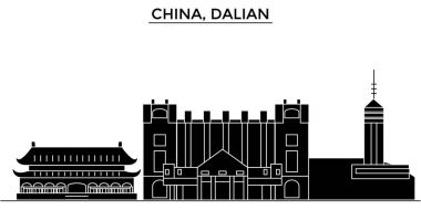 Çin, Dalian mimari kent manzarası ile yerler, cityscape, binalar, evler, vektör şehir manzarası, düzenlenebilir vuruş