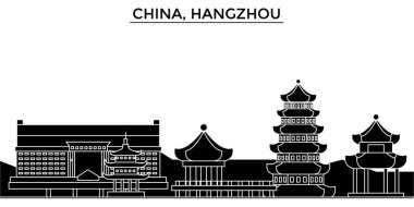 Çin, Hangzhou mimari kent manzarası ile yerler, cityscape, binalar, evler, vektör şehir manzarası, düzenlenebilir vuruş