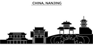 Çin, Nanjing mimari kent manzarası ile yerler, cityscape, binalar, evler, vektör şehir manzarası, düzenlenebilir vuruş