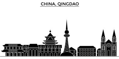 Çin, Qingdao mimari kent manzarası ile yerler, cityscape, binalar, evler, vektör şehir manzarası, düzenlenebilir vuruş