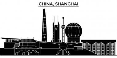 Çin, Shanghai mimari kent manzarası ile yerler, cityscape, binalar, evler, vektör şehir manzarası, düzenlenebilir vuruş