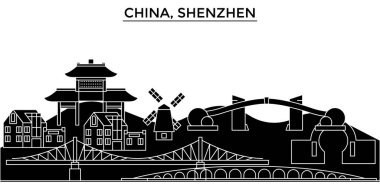 Çin, Shenzhen mimari kent manzarası ile yerler, cityscape, binalar, evler, vektör şehir manzarası, düzenlenebilir vuruş
