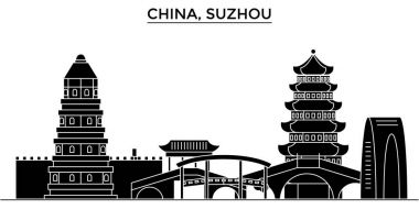 Çin, Suzhou mimari kent manzarası ile yerler, cityscape, binalar, evler, vektör şehir manzarası, düzenlenebilir vuruş