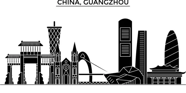 China, arquitectura de Guangzhou horizonte urbano con monumentos, paisaje urbano, edificios, casas,, paisaje de ciudad vectorial, trazos editables — Vector de stock
