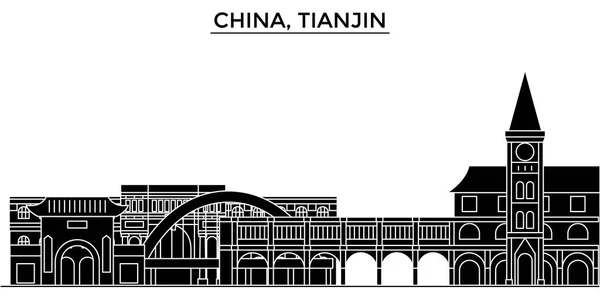 Китай, Тяньцзінь архітектури міського горизонту з визначні пам'ятки, міський пейзаж, будинки, будинки, векторні міського пейзажу, можна редагувати штрихи — стоковий вектор
