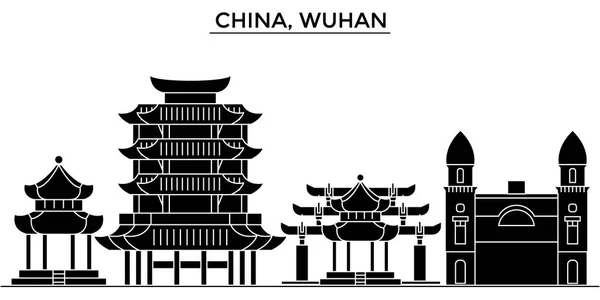 China, arquitectura de Wuhan horizonte urbano con monumentos, paisaje urbano, edificios, casas,, paisaje de ciudad vectorial, accidentes cerebrovasculares editable — Vector de stock