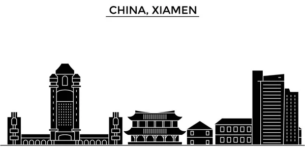 China, Xiamen arquitectura horizonte urbano con monumentos, paisaje urbano, edificios, casas,, paisaje de ciudad vectorial, accidentes cerebrovasculares editable — Vector de stock