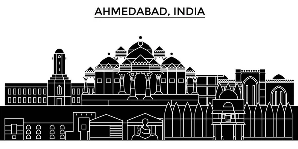Indien, Ahmedabad arkitekturen stads skyline med sevärdheter, stadsbilden, byggnader, hus, vektor staden landskap, redigerbara stroke — Stock vektor