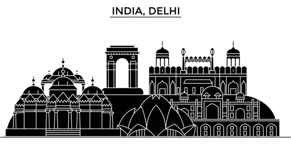 India, Delhi arquitectura urbano horizonte con monumentos, paisaje urbano, edificios, casas,, vector ciudad paisaje, accidentes cerebrovasculares editable — Vector de stock
