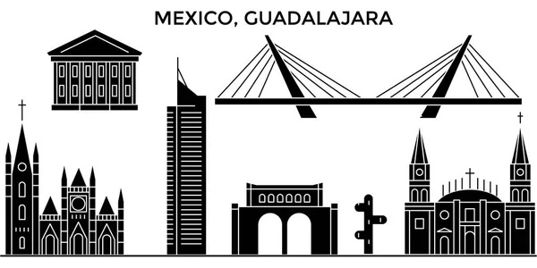 México, Guadalajara arquitectura urbano horizonte con monumentos, paisaje urbano, edificios, casas,, vector ciudad paisaje, accidentes cerebrovasculares editable — Vector de stock