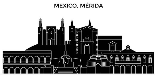 Mexiko, Merida-Architektur Stadtsilhouette mit Wahrzeichen, Stadtbild, Gebäude, Häuser,, Vektorlandschaft, editierbare Striche — Stockvektor