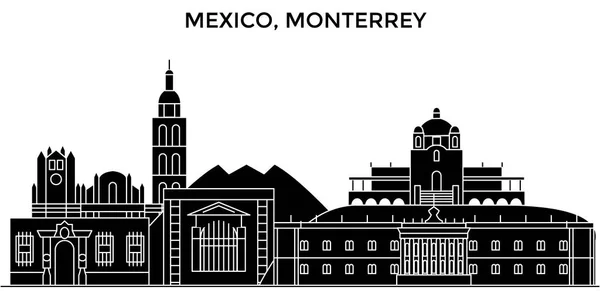 México, arquitectura Monterrey skyline urbano con monumentos, paisaje urbano, edificios, casas,, paisaje de ciudad vectorial, trazos editables — Vector de stock