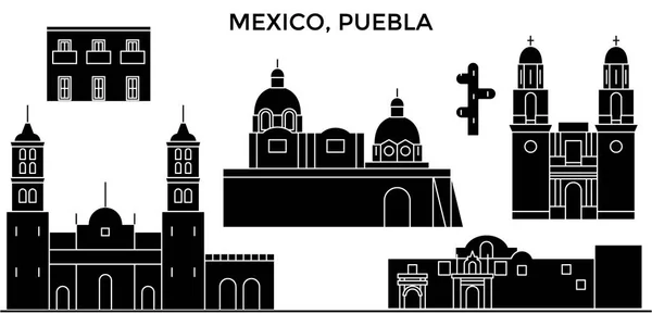 México, arquitectura Puebla skyline urbano con hitos, paisaje urbano, edificios, casas,, paisaje de ciudad vectorial, trazos editables — Vector de stock