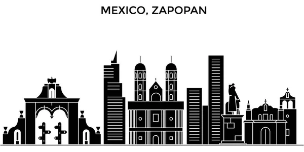 Mexiko, Zapopan architektura městské panorama s panoráma města, památky, budovy, domy, vektorové městské krajiny, upravitelné tahy — Stockový vektor