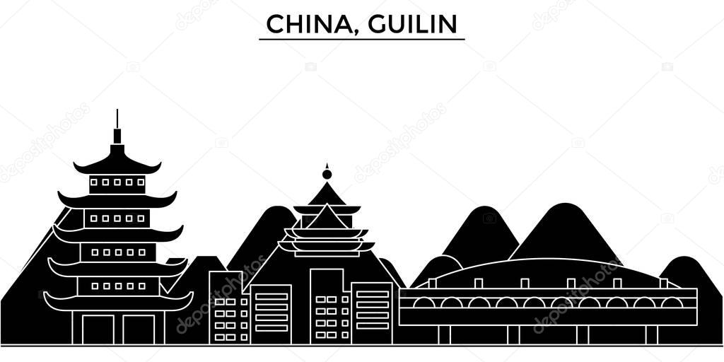 China, Guilin architecture urban skyline with landmarks, cityscape, buildings, houses, ,vector city landscape, editable strokes