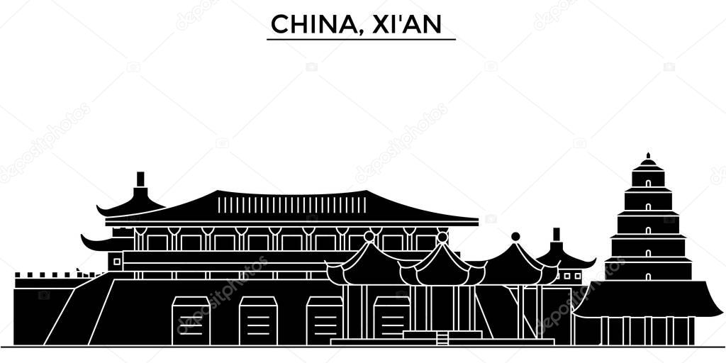 China, Xian  architecture urban skyline with landmarks, cityscape, buildings, houses, ,vector city landscape, editable strokes