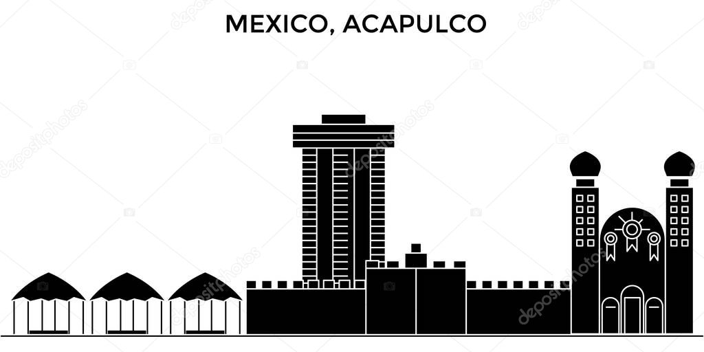 Mexico, Acapulco architecture urban skyline with landmarks, cityscape, buildings, houses, ,vector city landscape, editable strokes