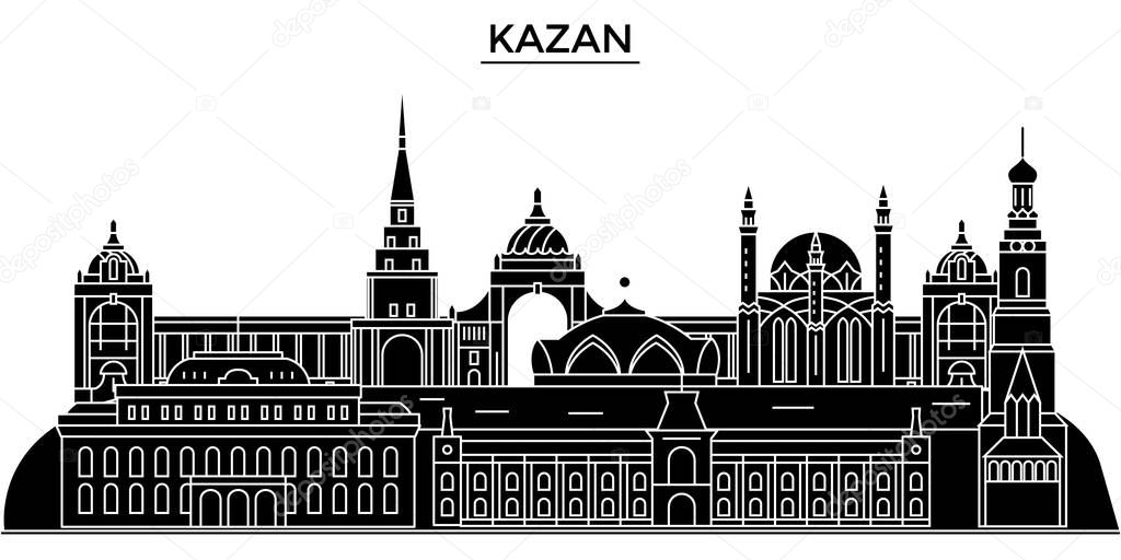 Russia, Kazan architecture urban skyline with landmarks, cityscape, buildings, houses, ,vector city landscape, editable strokes