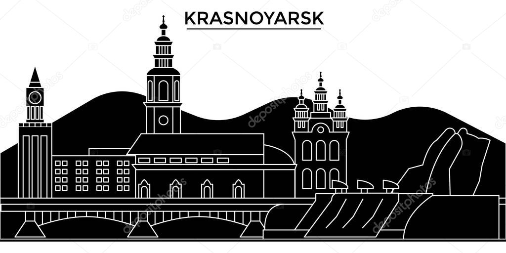 Russia, Krasnoyarsk architecture urban skyline with landmarks, cityscape, buildings, houses, ,vector city landscape, editable strokes