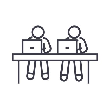 coworking, çalışma dizüstü bilgisayarlar doğrusal simgesi, işaret, sembol, izole arka plan üzerinde vektör